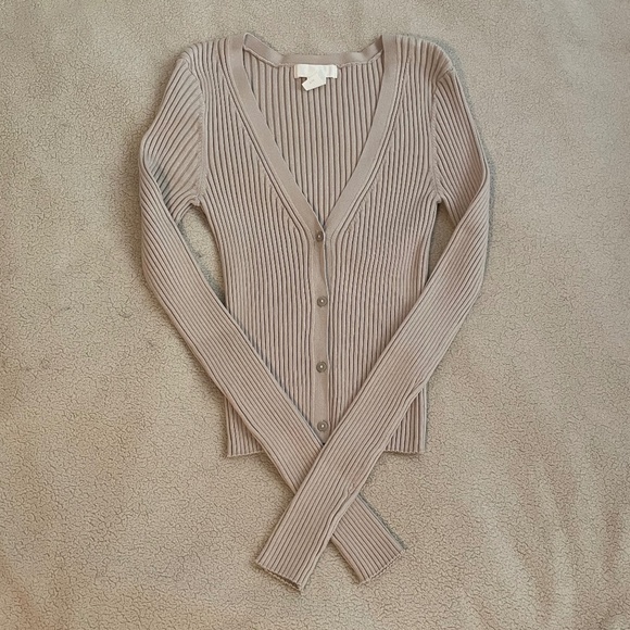H&M Ribbed V Neck Cardigan Taupe - Picture 1 of 8